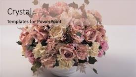  Presentation with flowers vase - Amazing slide deck having artificial flowers bouquet backdrop and a coral colored foreground