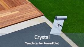  Presentation with garden tools - Presentation design having artificial grass turf installation background and a ocean colored foreground