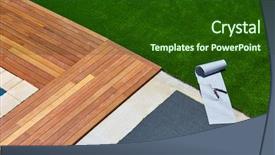  Presentation with garden tools - Audience pleasing presentation design consisting of artificial grass turf installation backdrop and a forest green colored foreground