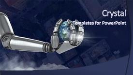  Presentation with hand holding earth - Presentation enhanced with artificial intelligence - digital composite of android robot background and a navy blue colored foreground