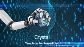  Presentation with hand holding earth - Cool new PPT theme with artificial intelligence - digital composite of robot hand backdrop and a ocean colored foreground