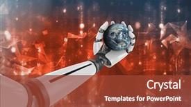  Presentation with hand holding earth - Cool new slide set with artificial intelligence - digital composite of robotic hand backdrop and a tawny brown colored foreground