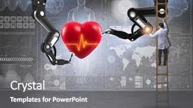 Presentation with robotic surgery - Amazing PPT theme having artificial intelligence - heart surgery done by robotic backdrop and a gray colored foreground