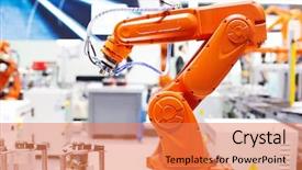  Presentation with factory machine - Colorful presentation design enhanced with artificial intelligence machine in modern backdrop and a coral colored foreground