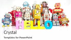  Presentation with artificial intelligence robots - Presentation theme with artificial intelligence red - big family of robots background and a white colored foreground