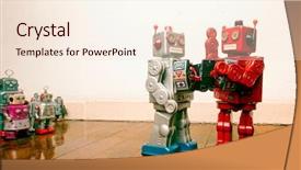  Presentation with artificial intelligence robots - PPT layouts consisting of artificial intelligence red - two vintage robots fight it background and a lemonade colored foreground