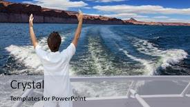  Presentation with powell river - Audience pleasing PPT theme consisting of artificial lake powell on the colorado river the lake is surrounded by picturesque beaches of the orange sandstone middle-aged woman in white at the stern of the ship admiring the beauty of nature backdrop and a light gray colored foreground