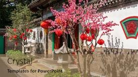  Presentation with translation - PPT theme enhanced with artificial-peach-blossoms background and a coral colored foreground