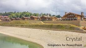  Presentation with pond - PPT theme featuring artificial-pond-in-ski-resort background and a soft green colored foreground