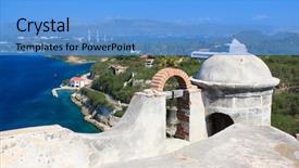  Presentation with castle - Audience pleasing slides consisting of artillery guns - castle san pedro de la backdrop and a teal colored foreground