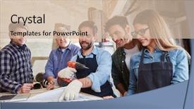  Presentation with team planning - Cool new PPT theme with artisan - craftsman team cooperating on building backdrop and a soft green colored foreground