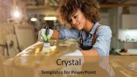  Presentation with happy sad masks - PPT theme with artisan - happy young woman working background and a coral colored foreground