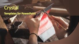  Presentation with craftsman - Audience pleasing slide deck consisting of artisan - leather handbag craftsman at work backdrop and a tawny brown colored foreground