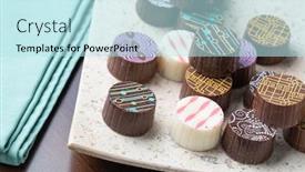  Presentation with candy - Colorful presentation theme enhanced with artisan fine chocolate candy on serving dish backdrop and a sky blue colored foreground