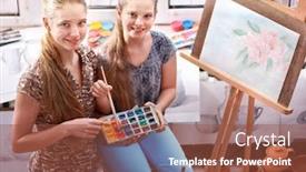 Presentation with school children - PPT theme having artist painting easel in studio authentic children girl paints with set palette watercolor paints palette in morning sunlight top view school indoor interior crafts sisters working together background and a tawny brown colored foreground