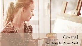  Presentation with dawn - Beautiful PPT layouts featuring artist painting on easel and palette in studio authentic girl paints with oil brush in morning sunlight dawn light toning window background sale of artistic goods how to mix paint lesson backdrop and a soft green colored foreground