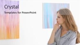  Presentation with art gallery - Cool new slides with artist paintings museums - young woman looking at painting backdrop and a  colored foreground