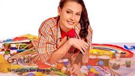  Presentation with artist - Presentation theme featuring artist smiling woman lying on paint palette isolated background and a coral colored foreground