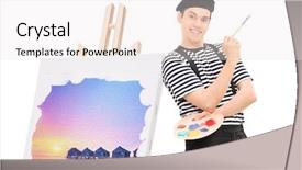  Presentation with art historical painting - Presentation theme consisting of artist standing by a painting background and a sky blue colored foreground