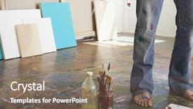  Presentation with artist - Audience pleasing slides consisting of artist standing by paint brushes backdrop and a violet colored foreground