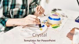  Presentation with pottery - Slide set featuring artist-student-girl-painting-pottery background and a sky blue colored foreground