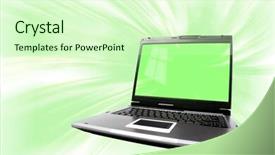  Presentation with artistic - Presentation theme featuring artistic conceptual photo-illustration of a laptop computer isolated with clipping path over abstract green background background and a soft green colored foreground
