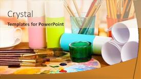  Presentation with paint art - Beautiful PPT theme featuring artistic equipment paint brushes and art palette backdrop and a lemonade colored foreground