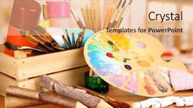  Presentation with paint art - Presentation having artistic equipment paint brushes background and a lemonade colored foreground