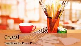  Presentation with artistic - Audience pleasing presentation design consisting of artistic equipment paint brushes backdrop and a coral colored foreground