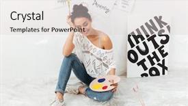  Presentation with artistic artist art brush - PPT theme featuring artistic free - picture of cheerful young lady background and a  colored foreground