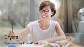  Presentation with artistic - PPT theme having artistic free - young woman with glasses painting background and a  colored foreground