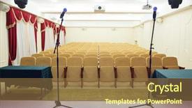  Presentation with microphone - PPT theme featuring artistic panel - image of microphone and blurred background and a coral colored foreground