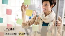  Presentation with sticky notes - Colorful PPT theme enhanced with artistic panel - woman designer make scheme backdrop and a  colored foreground