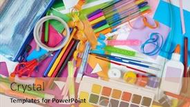  Presentation with artwork - Beautiful PPT theme featuring artwork-workplace-with-creative-accessories backdrop and a  colored foreground