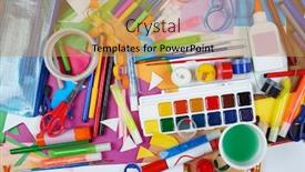  Presentation with artwork - PPT theme with artwork workplace with creative accessories art tools for painting and drawing background and a yellow colored foreground