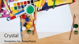  Presentation with artwork - Cool new PPT theme with tools for painting and drawing backdrop and a coral colored foreground