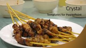  Presentation with meat - Presentation with asaen - satay meat skewers on wooden background and a  colored foreground