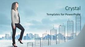  Presentation with city buildings - Colorful presentation theme enhanced with ascending people - business woman climbing up backdrop and a light blue colored foreground