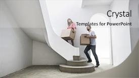  Presentation with boxes - Colorful PPT theme enhanced with ascending people - couple carrying cardboard boxes up backdrop and a light gray colored foreground