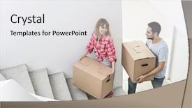  Presentation with moving - Slide deck enhanced with ascending people - happy couple carrying moving boxes background and a white colored foreground