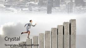  Presentation with walking young wild jaguar - Slide deck consisting of ascent - young businesswoman walking up collapsing background and a light gray colored foreground