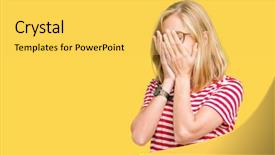  Presentation with sadness woman cry - Colorful presentation enhanced with ashame - beautiful young woman wearing glasses backdrop and a yellow colored foreground