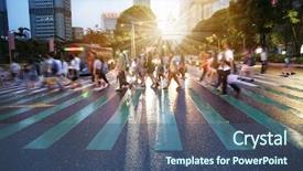 Presentation with busy street - Colorful presentation design enhanced with asia - busy city people crowd backdrop and a ocean colored foreground