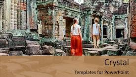  Presentation with ancient asia - PPT theme enhanced with asia - family visiting ancient preah khan background and a coral colored foreground