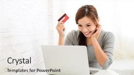  Presentation with online shopping - Slide deck consisting of asia - woman shopping online background and a light gray colored foreground