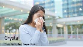  Presentation with eco friendly city - Beautiful PPT theme featuring asia - woman sneeze at outdoor city backdrop and a light blue colored foreground