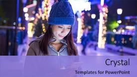  Presentation with mobile phone in woman hand - Theme having asia - woman using mobile phone background and a light blue colored foreground