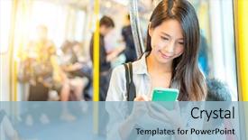  Presentation with working woman - Colorful PPT theme enhanced with asia - woman working on mobile phone backdrop and a light blue colored foreground