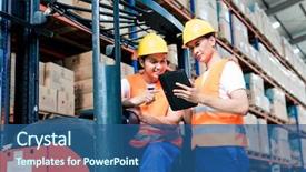  Presentation with logistics warehouse - Presentation design enhanced with asia - workers in logistics warehouse background and a ocean colored foreground