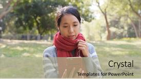  Presentation with audience - Theme consisting of asia audience - woman talk to smart phone background and a  colored foreground